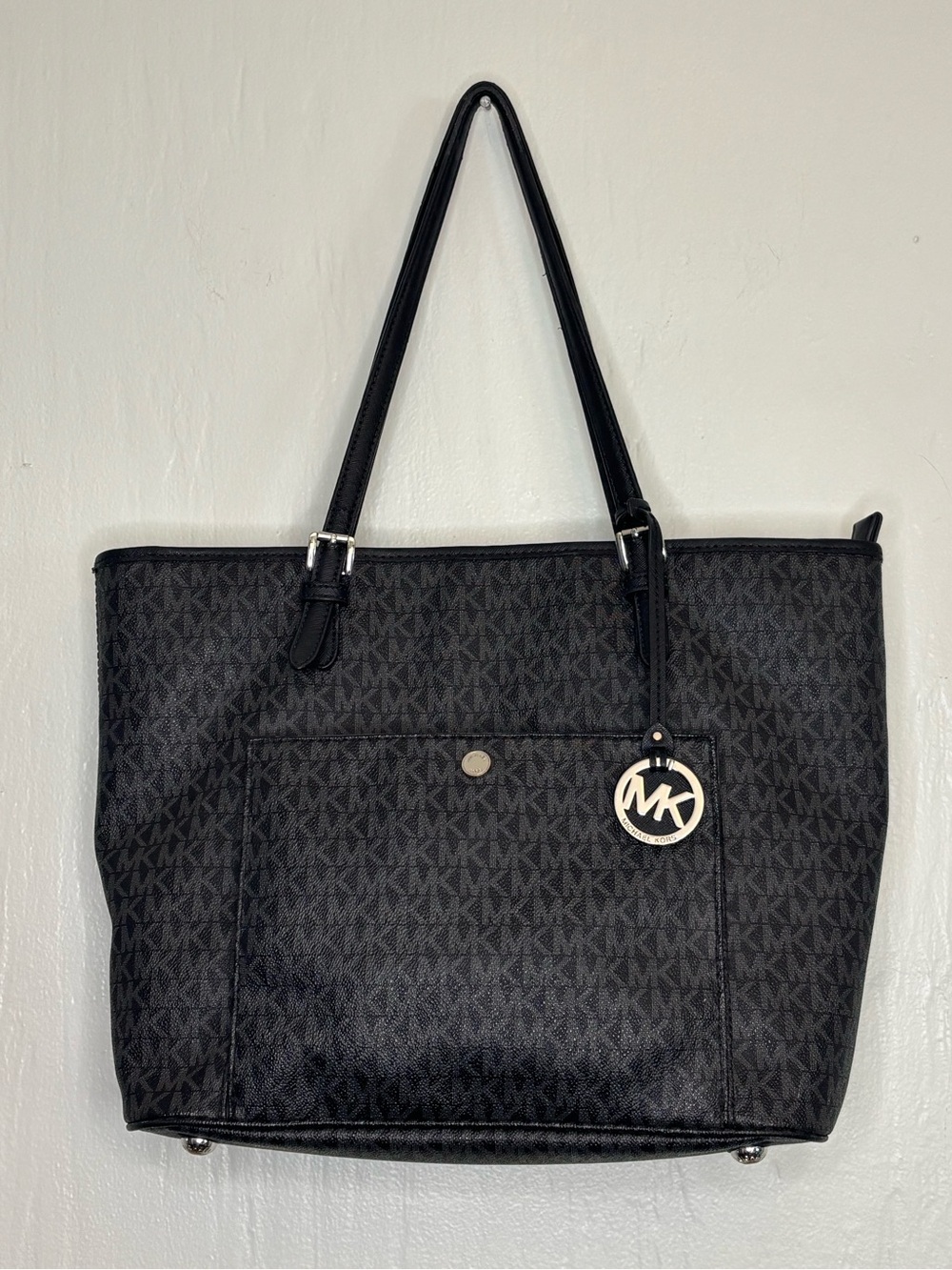 Michael Kors Black MK Signature Tote with Gold Charm